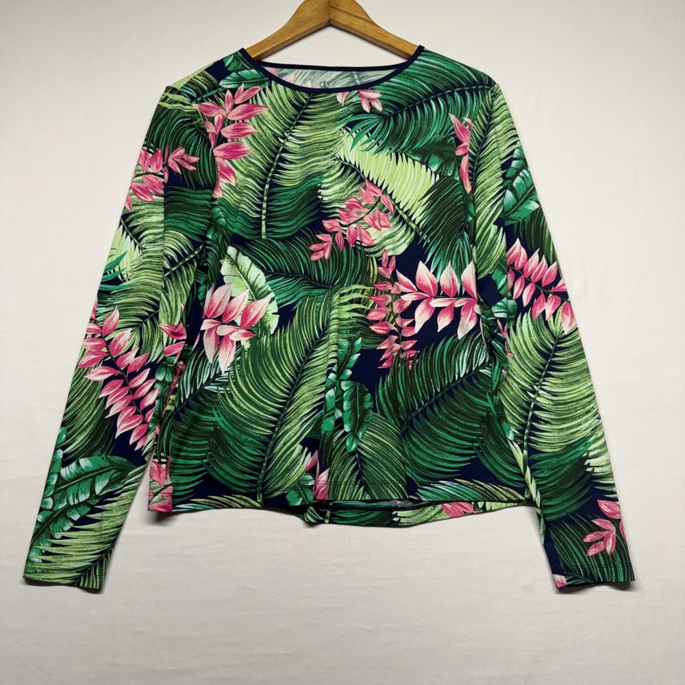 Lands' End Rash Guard Swim Tee M 10-12 Tropical Floral UPF 50 Long Sleeve
